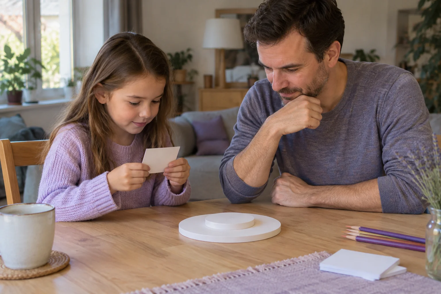 Un padre y su hija juegan con una tarjeta peque&ntilde;a y discos de papel.