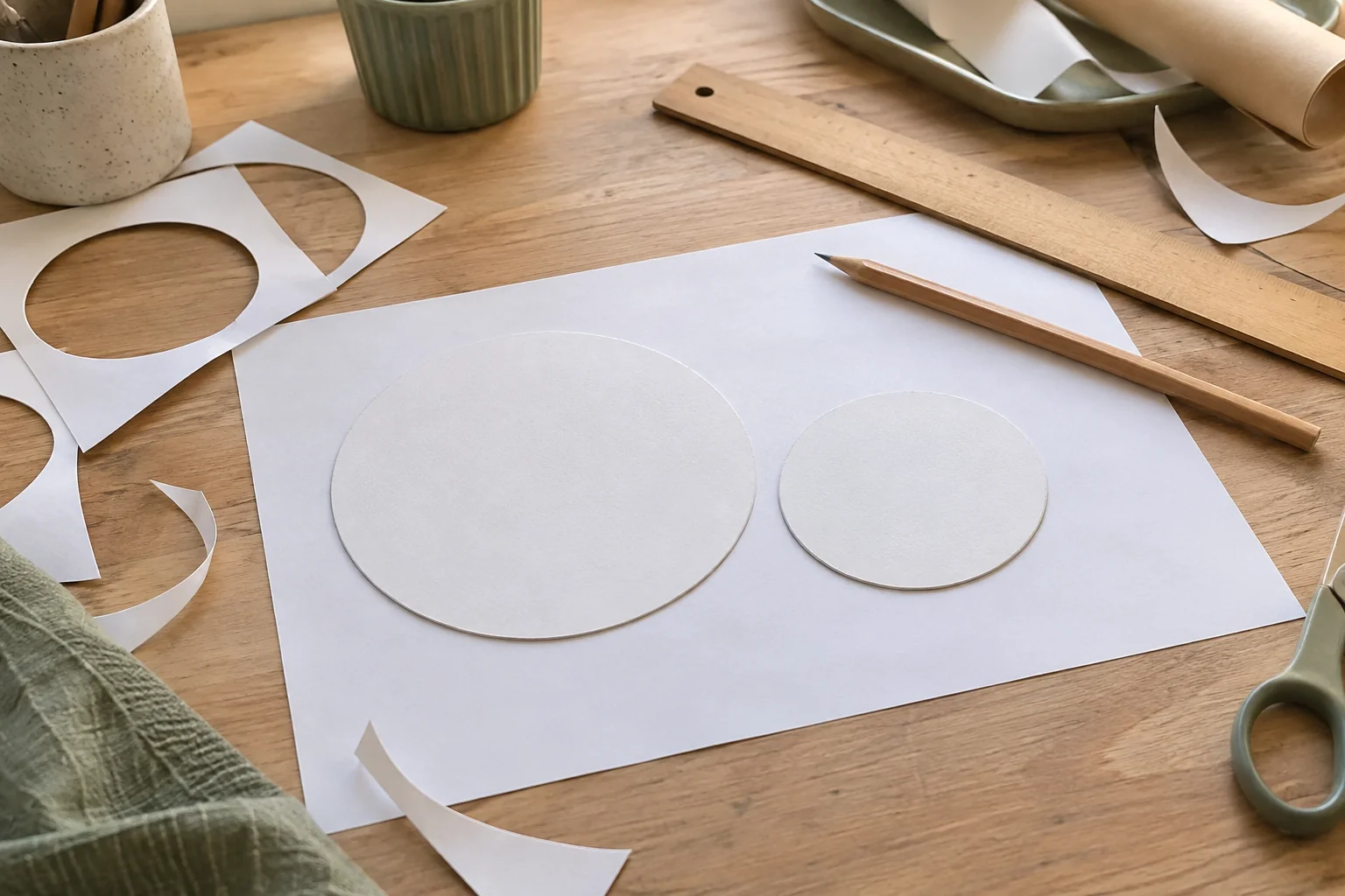 Dos discos blancos sin texto, de tama&ntilde;os distintos, y material sencillo sobre una mesa.