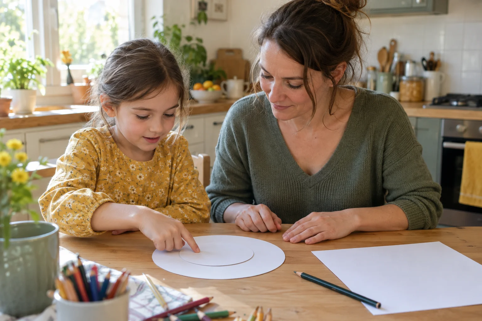 A mother and child look at two paper discs at a table.