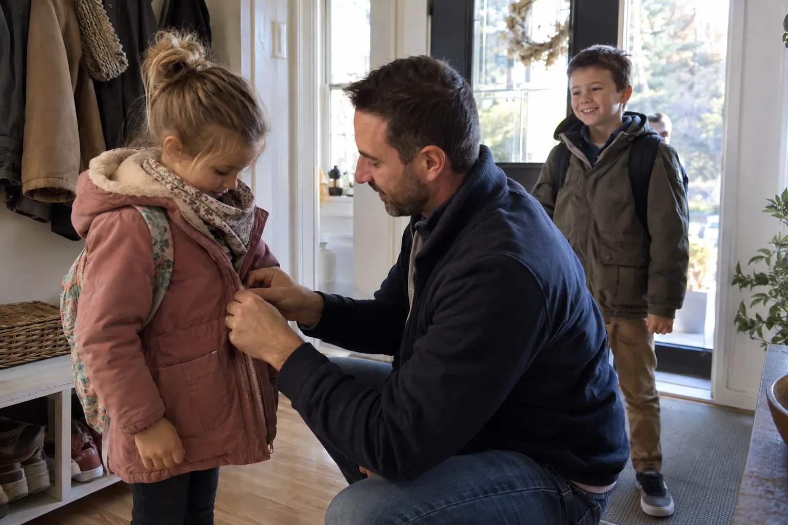 Un père accroupi dans l’entrée ferme le manteau de sa fille pendant que son fils, cartable sur le dos, attend près de la porte.