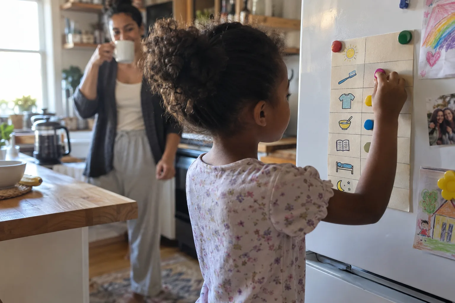 Une fillette colle un aimant sur un tableau de routine illustré de pictogrammes fixé au réfrigérateur pendant que sa mère boit un café.
