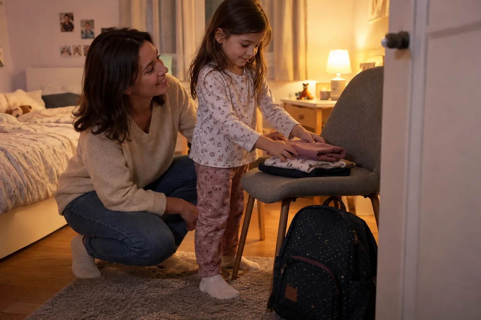 Une fillette pose ses vêtements pliés du lendemain sur une chaise, aidée de sa mère, le cartable prêt au pied de la chaise.