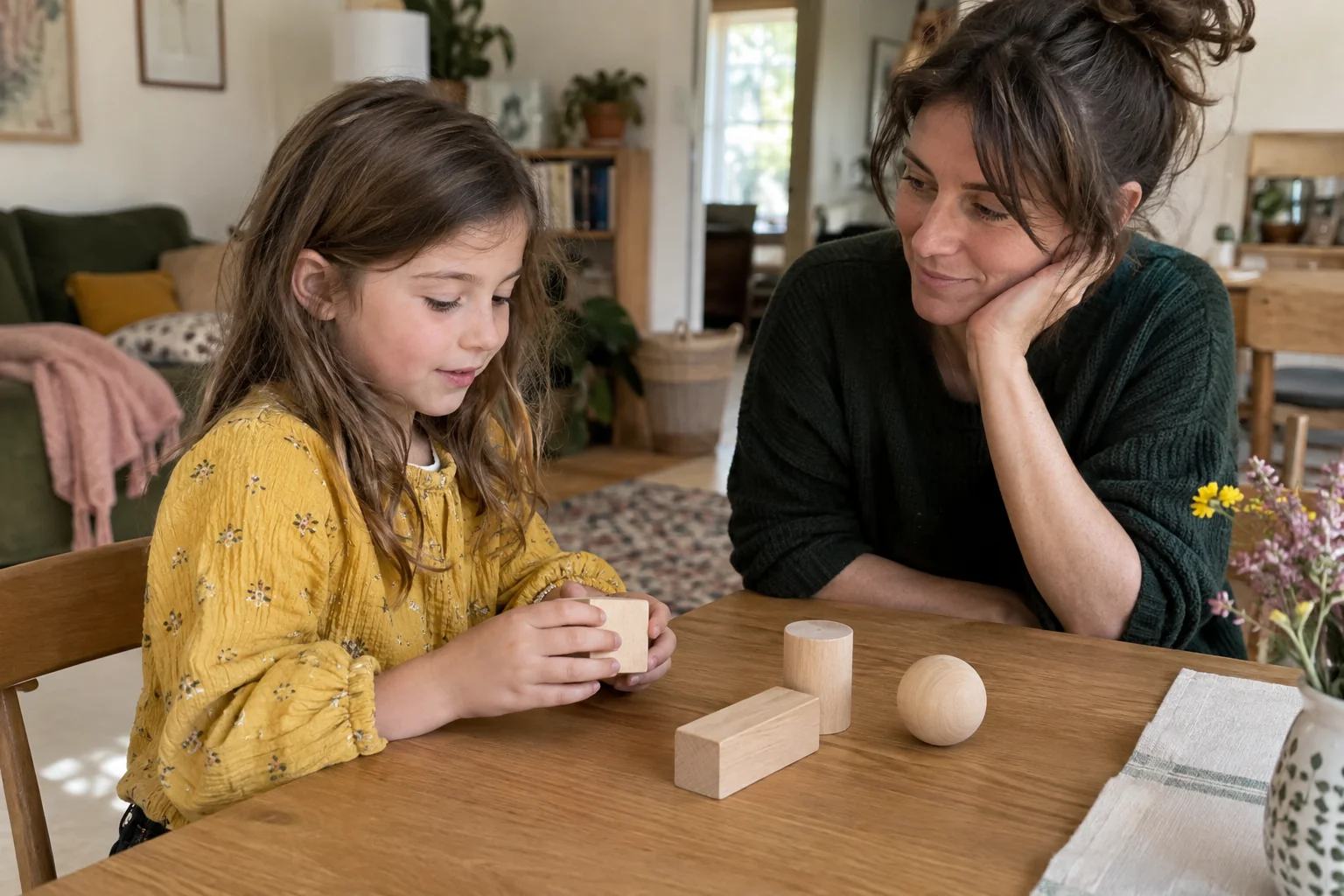 Un enfant tient un cube en bois à côté d’un adulte ; un pavé droit, un cylindre et une boule sont posés sur la table.