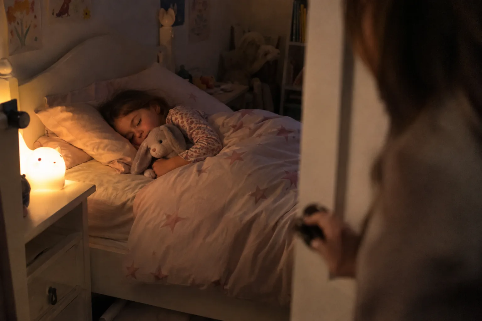 Une fillette dort paisiblement avec son doudou lapin sous une couette étoilée, éclairée par une veilleuse.