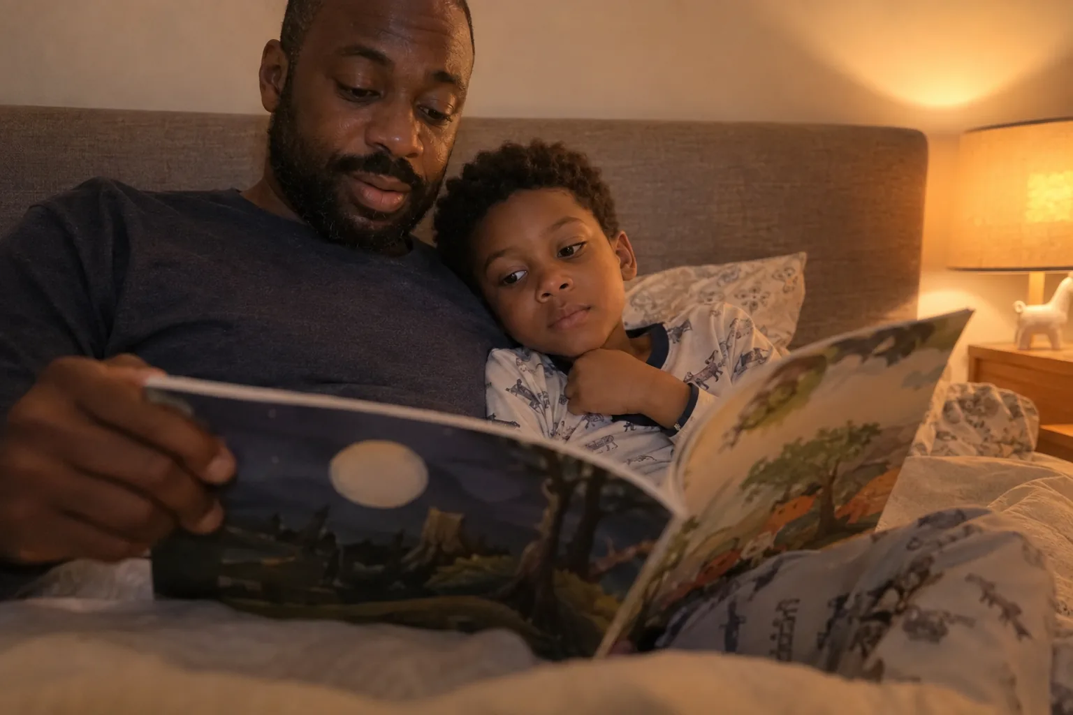 Un père lit un album illustré à son fils en pyjama, adossé contre lui au bord du lit, sous la lumière orangée d’une lampe de chevet.