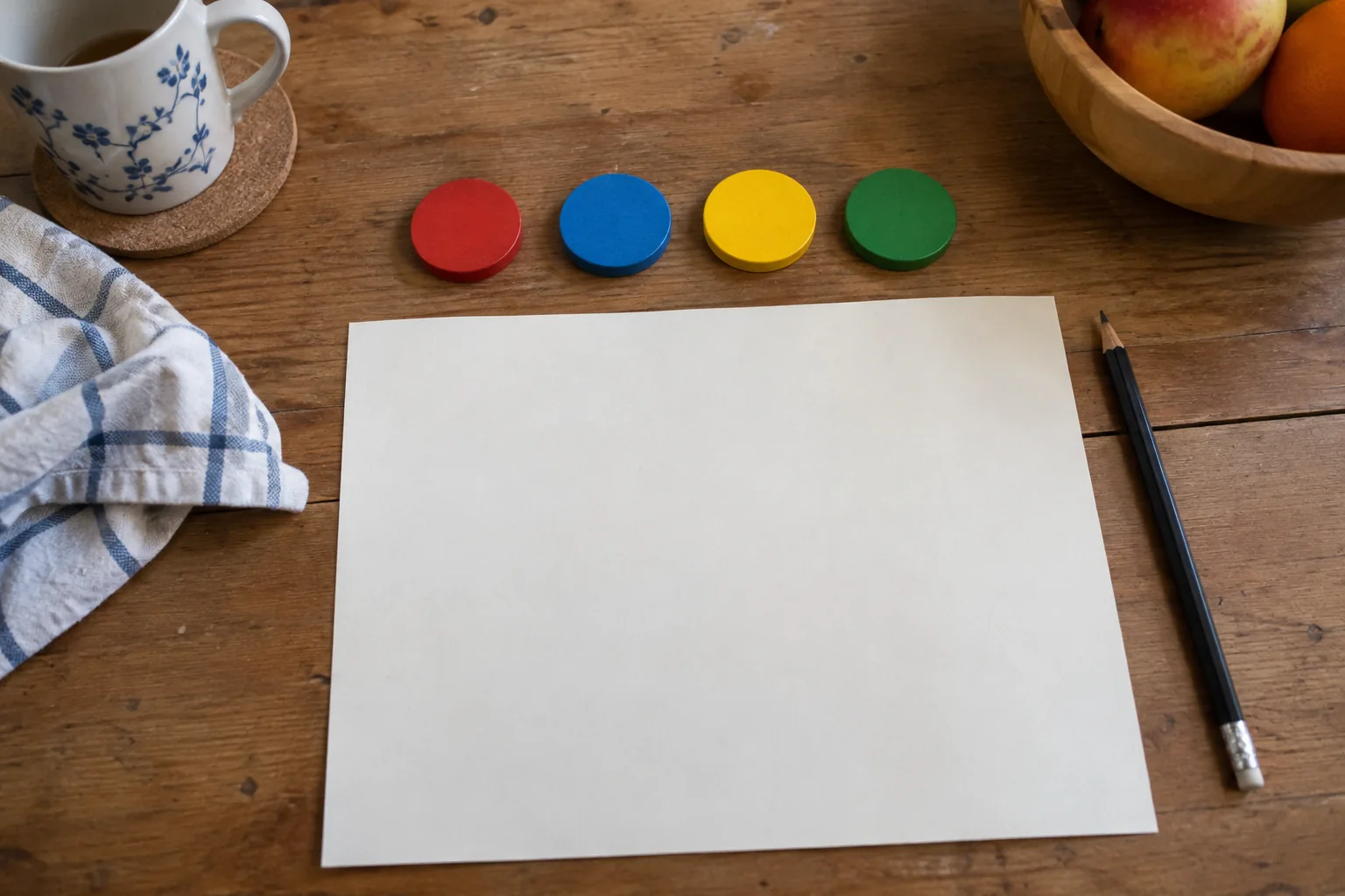 Four round red, blue, yellow, and green tokens lined up on a table near a sheet of paper and a pencil.