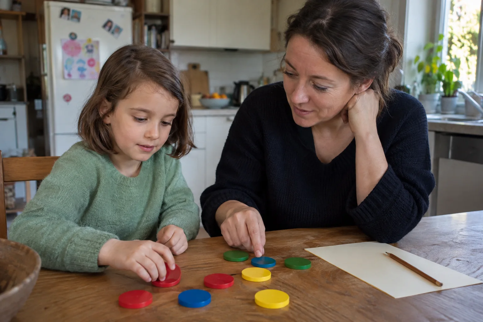 A girl and her mother look at colored tokens arranged on a sheet of paper at the table.
