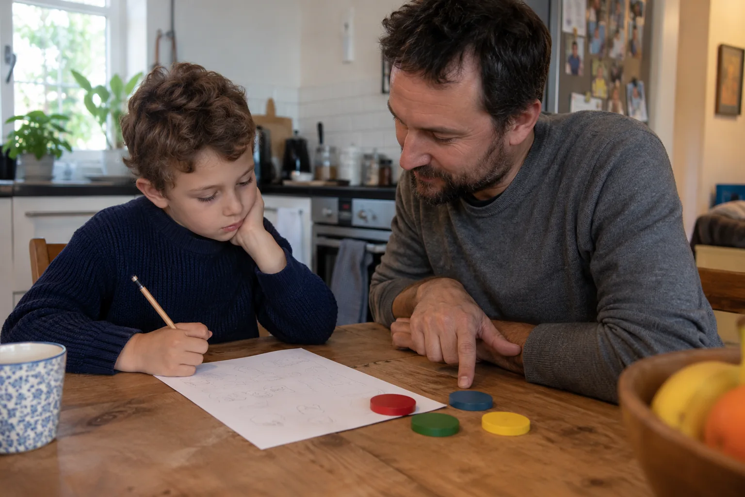 A boy and his father look together at a sheet with a few blue round markers on a table.