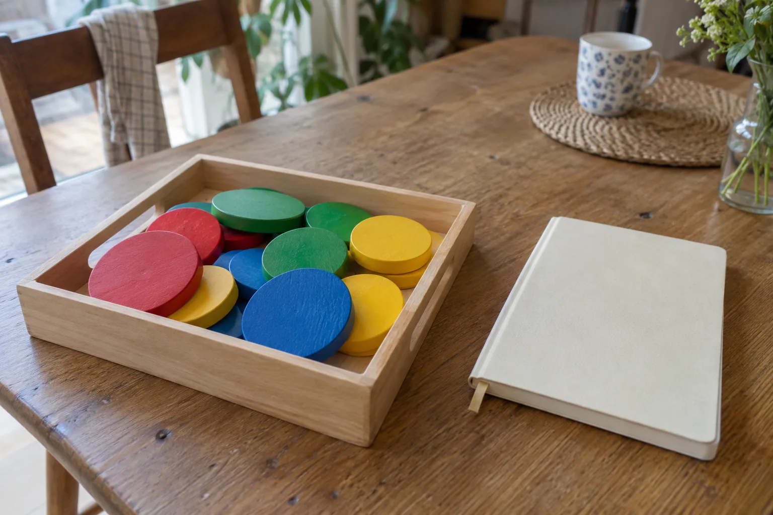 Colored tokens gathered in a wooden tray near a closed cream notebook.
