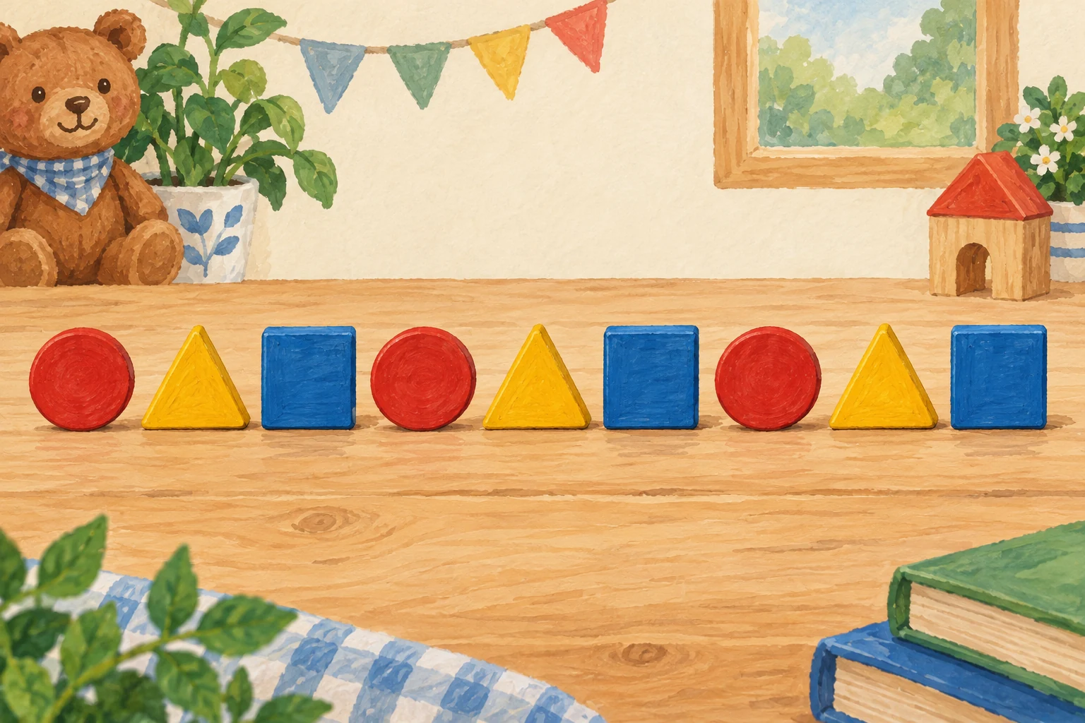 Illustration of red discs, yellow triangles, and blue squares repeating on a wooden table.