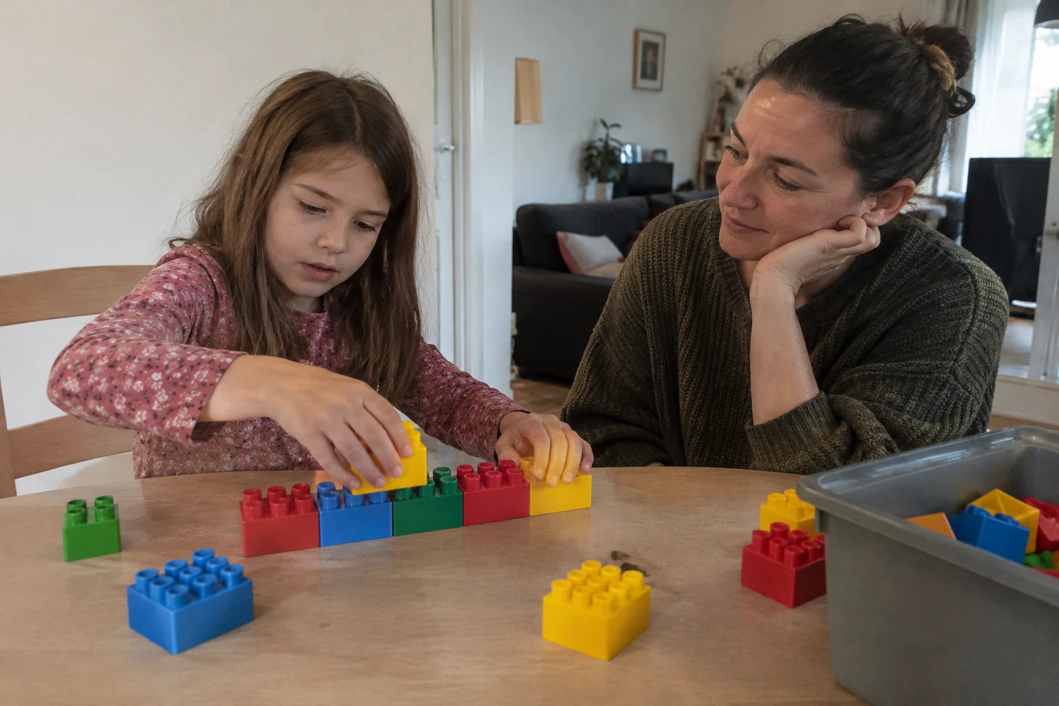 A girl and a woman look at large colored bricks assembled on a table.