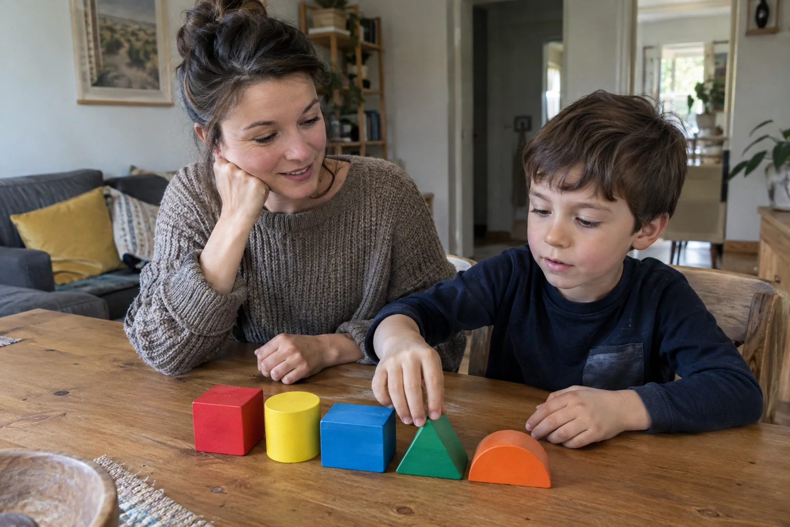 A boy and a woman observing several colored geometric blocks arranged in a line on a table.