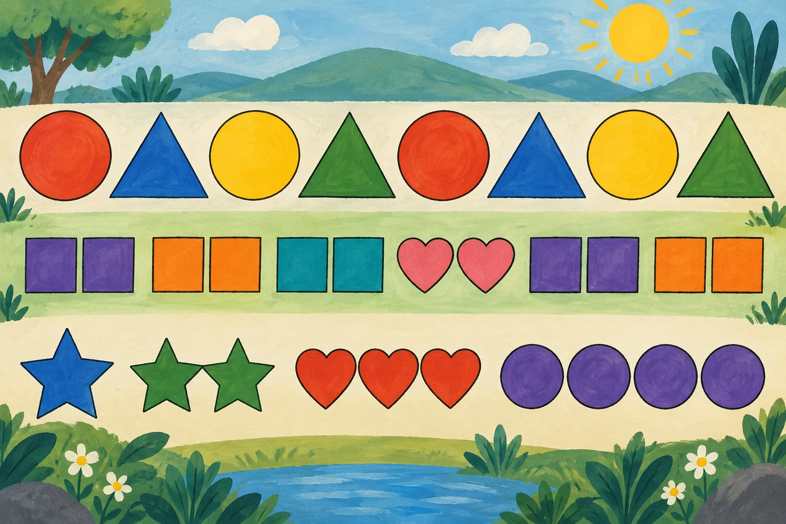 Illustration of three rows of colored shapes, with repetitions and groups of different sizes.