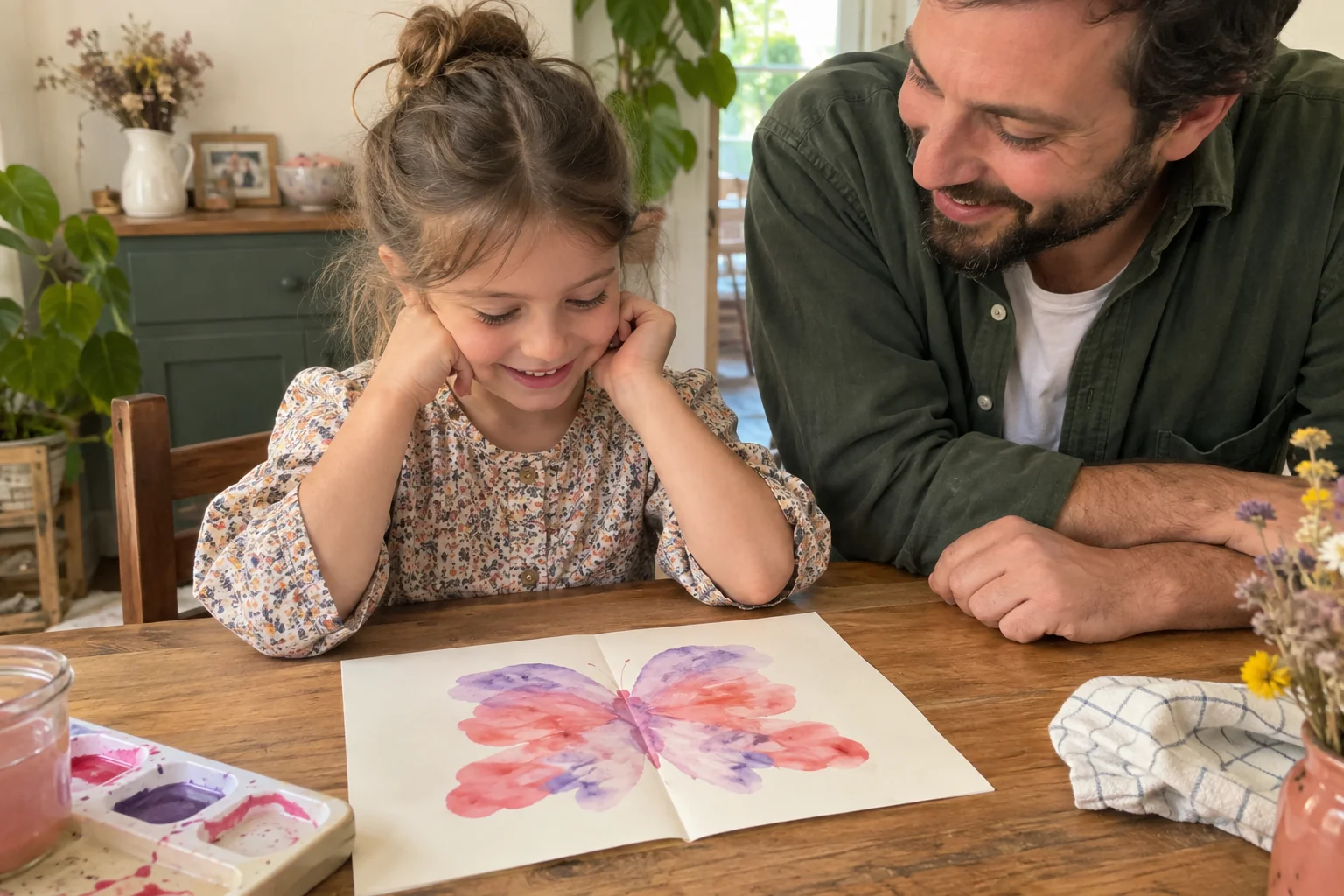 Une fille et son père regardent une empreinte de peinture en forme de papillon sur une feuille pliée en deux.