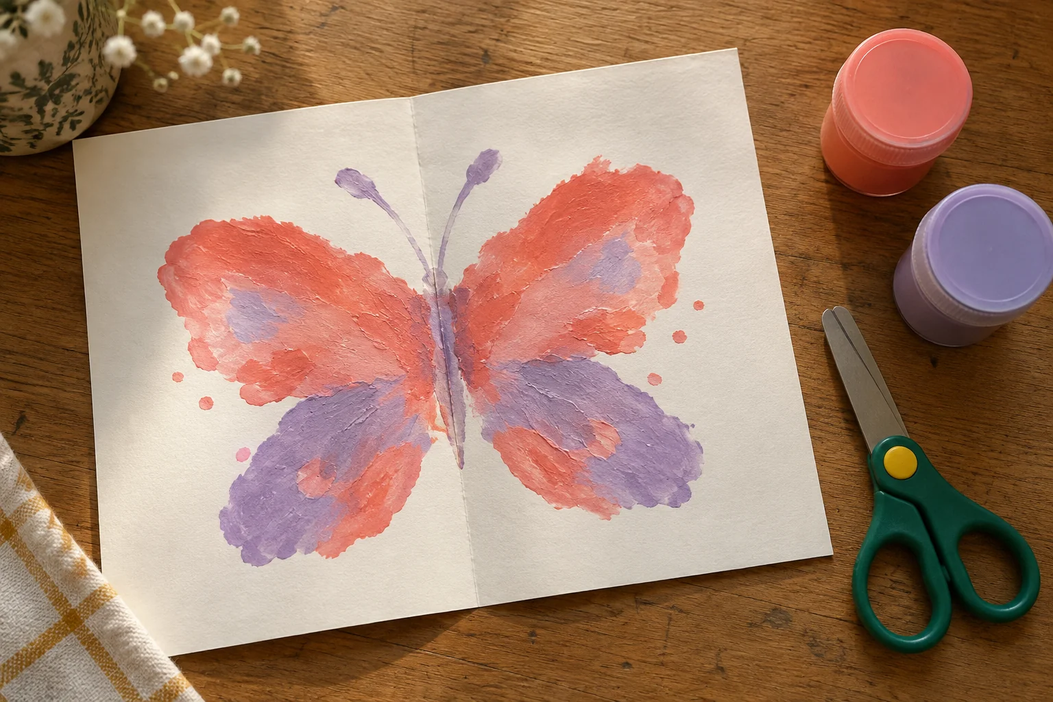 Une empreinte de peinture corail et lavande évoque un papillon autour du pli central d’une feuille, près de pots fermés et de ciseaux à bouts ronds.