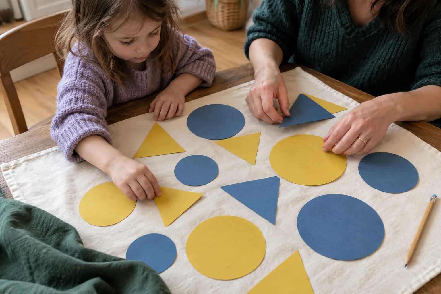 Blue and yellow paper discs and triangles placed on a light sheet of paper.