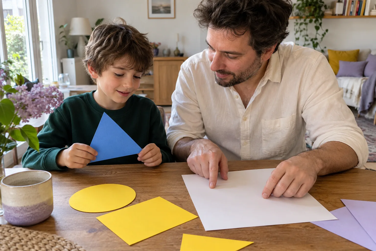 A father and son choosing a large paper shape on a table.