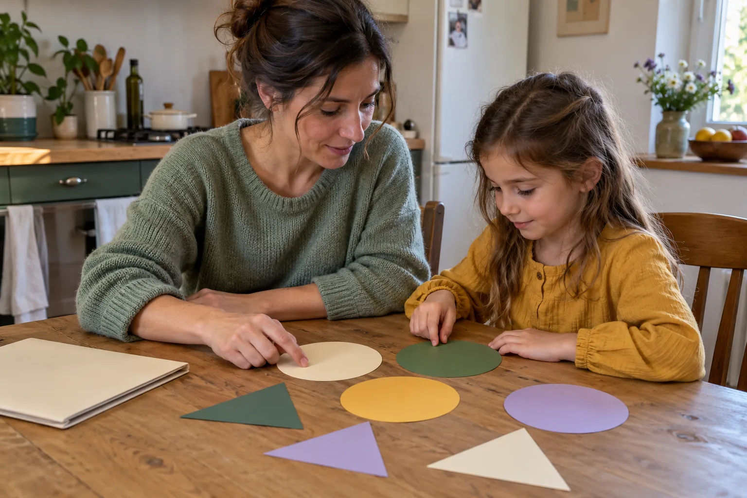 A mother and her daughter look at large shape cards at a table.
