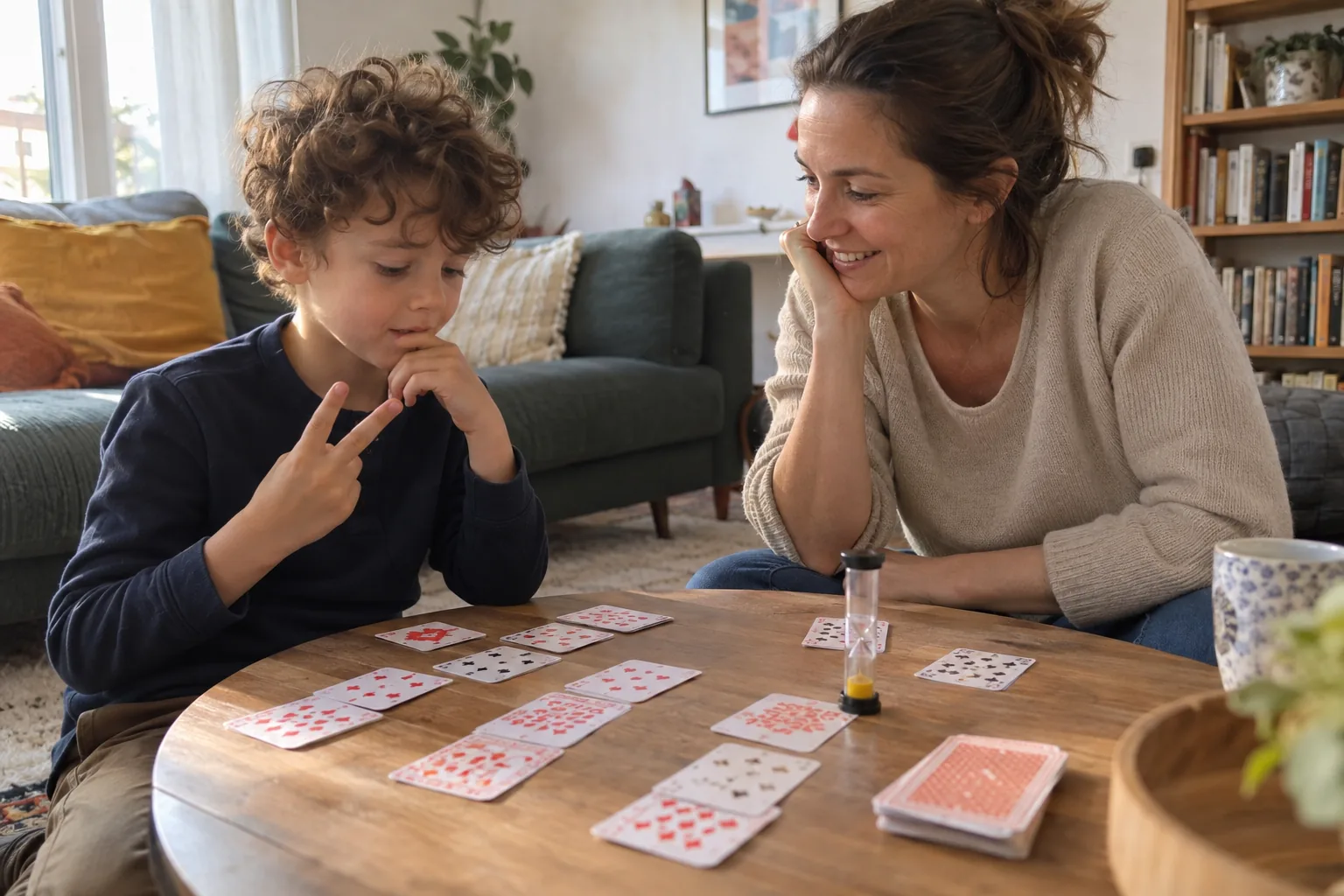Une mère et son fils révisent les tables de multiplication avec des cartes et un sablier autour d’une table basse.