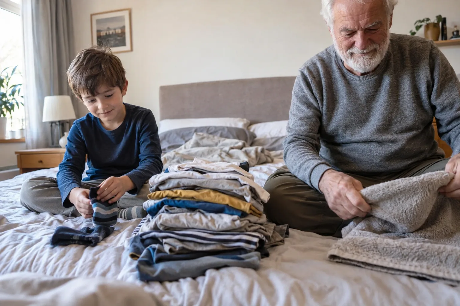 Un garçon plie des chaussettes sur un lit à côté de son grand-père qui plie une serviette, une pile de linge propre entre eux.