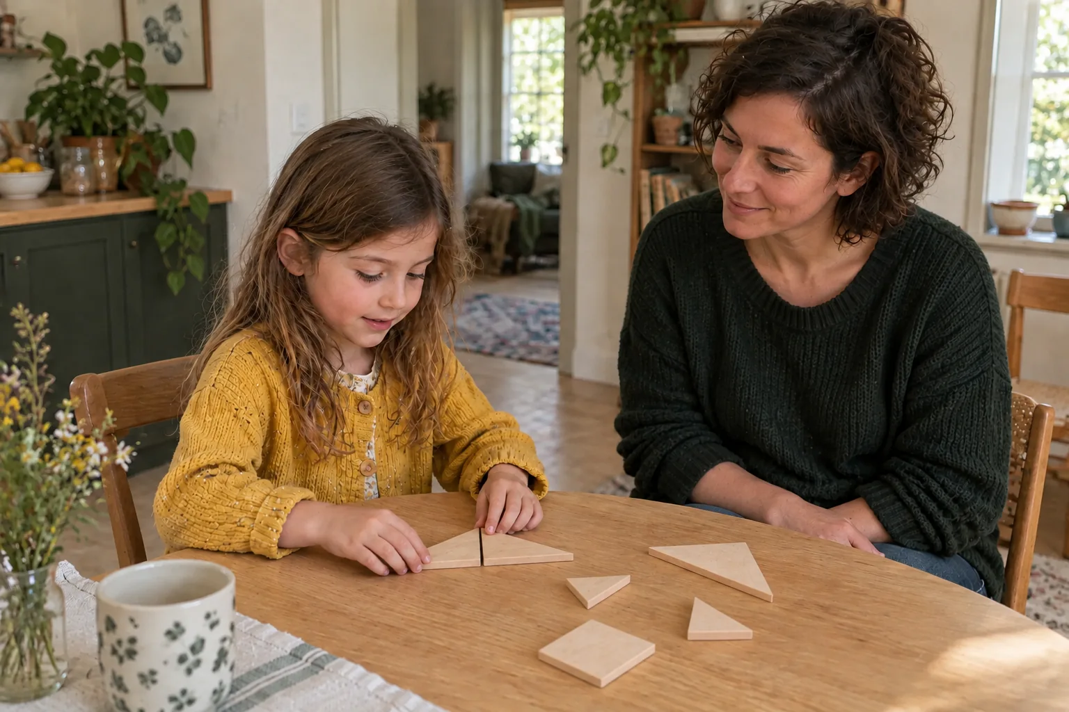 A mother watches her daughter assemble geometric pieces on a table.
