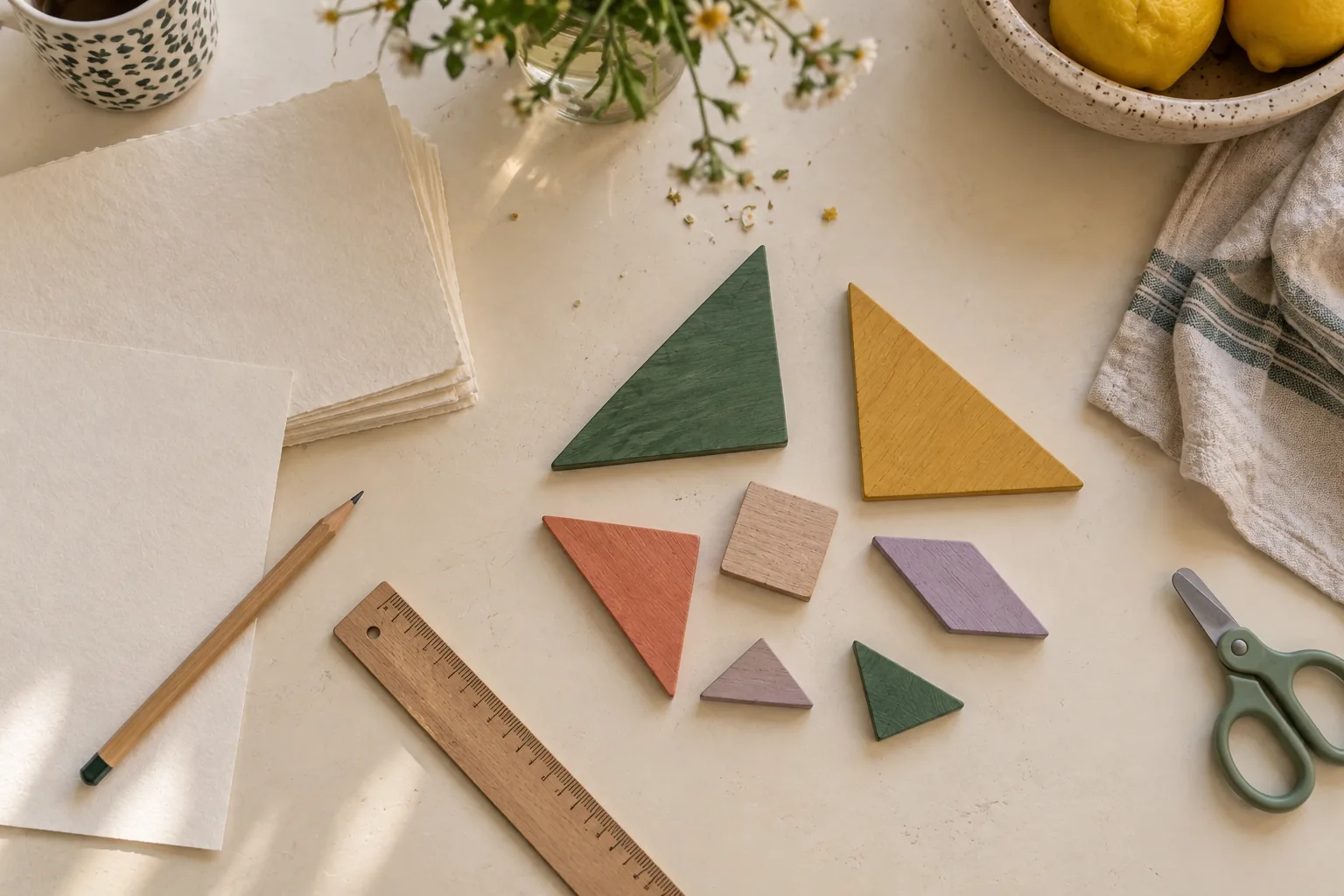 Papel, regla, l&aacute;piz, tijeras de punta redonda y piezas de colores ordenadas sobre una mesa.