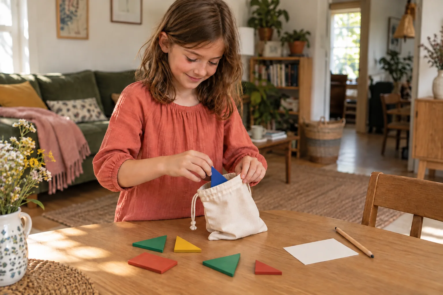 Una ni&ntilde;a guardando piezas geom&eacute;tricas de colores en una peque&ntilde;a bolsa de tela.