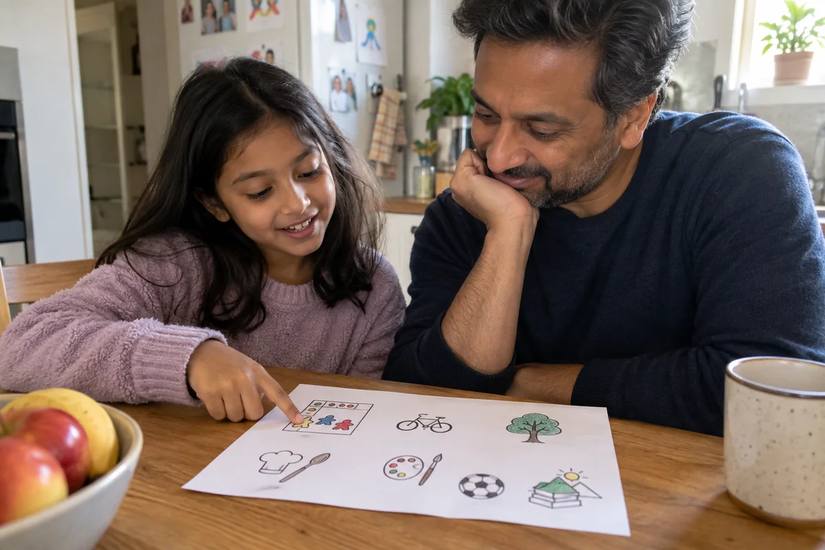 Un père et sa fille observent ensemble une fiche d’activités à la maison.